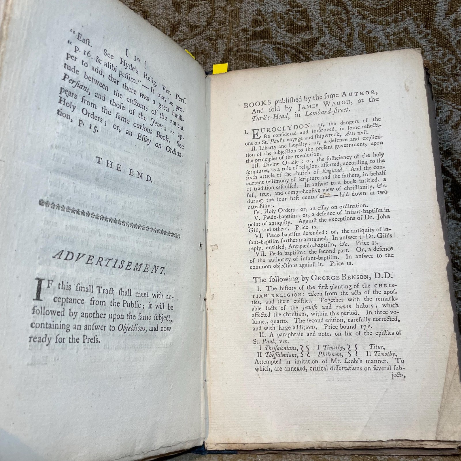 The Primaevity and Preeminence of The Sacred Hebrew, Above all Other Languages, Vindicated From The Repeated Attempts of The Reverend Dr. Hunt to Level It with The Arabic, and Other Oriental Dialects; In a Letter to a Friend. With a Word in the Preface to Dr. Shuckford ---AND--- An Essay On The Hebrew Tongue, Being an Attempt to shew That the Hebrew Bible might be originally read by Vowel-Letters without the Vowel-Points. By John Brekell (London, 1758) ---AND--- An Essay On The Hebrew Tongue, Being an Attempt to shew That the Hebrew Bible might be originally read by Vowel-Letters without the Vowel-Points. The Second Part. By John Brekell (London, 1762) 3 volumes bound as one. — photograph 7.