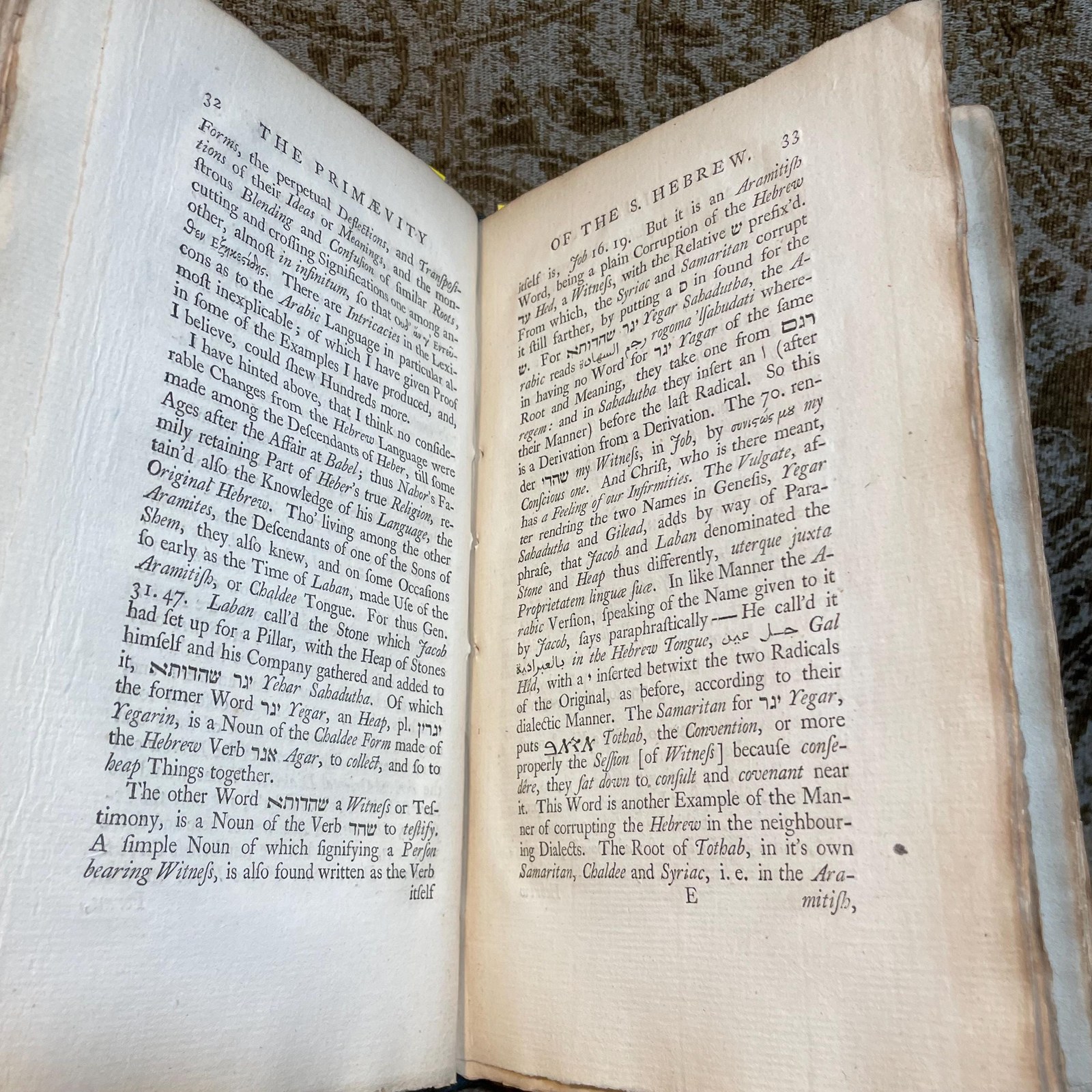 The Primaevity and Preeminence of The Sacred Hebrew, Above all Other Languages, Vindicated From The Repeated Attempts of The Reverend Dr. Hunt to Level It with The Arabic, and Other Oriental Dialects; In a Letter to a Friend. With a Word in the Preface to Dr. Shuckford ---AND--- An Essay On The Hebrew Tongue, Being an Attempt to shew That the Hebrew Bible might be originally read by Vowel-Letters without the Vowel-Points. By John Brekell (London, 1758) ---AND--- An Essay On The Hebrew Tongue, Being an Attempt to shew That the Hebrew Bible might be originally read by Vowel-Letters without the Vowel-Points. The Second Part. By John Brekell (London, 1762) 3 volumes bound as one. — photograph 9.