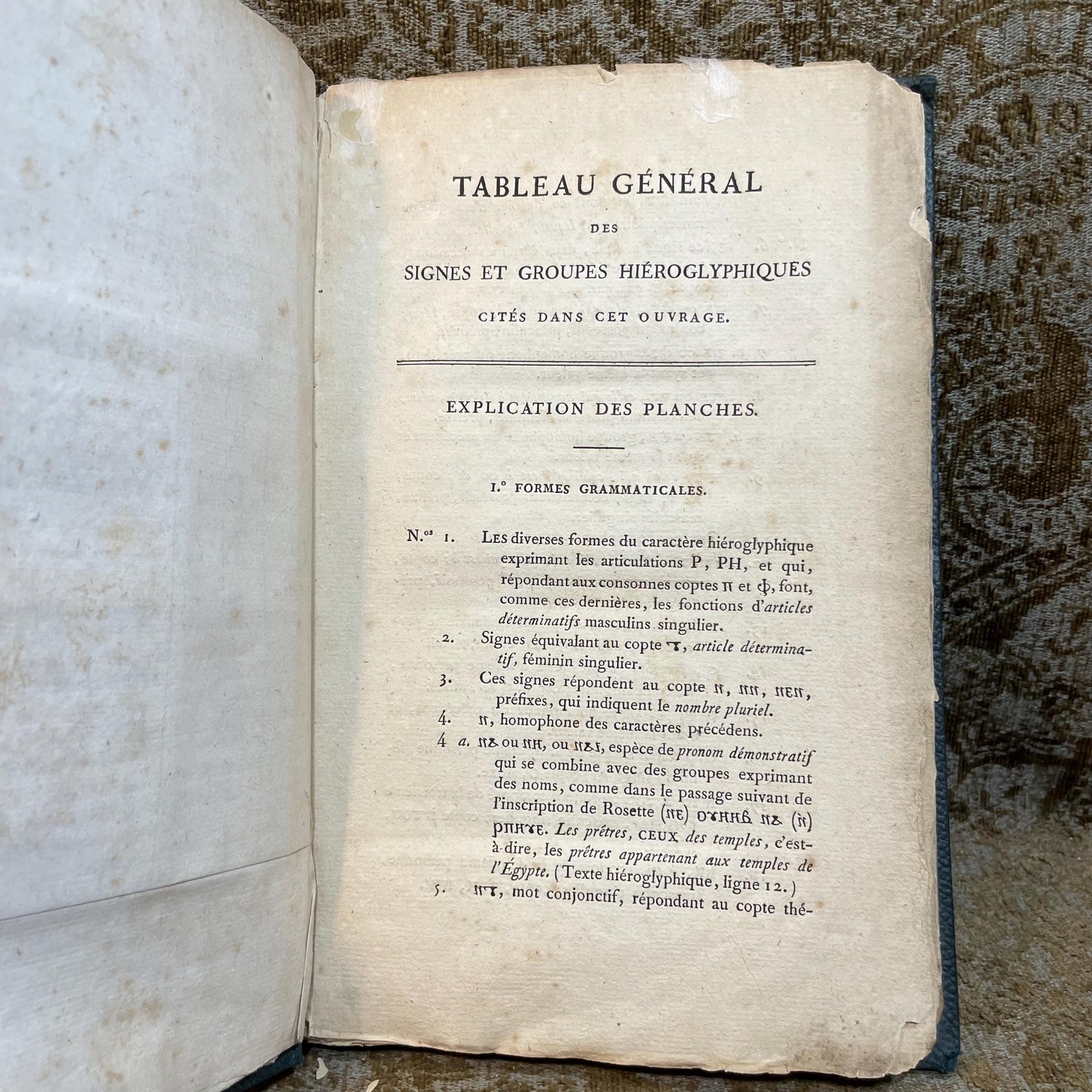 Précis du Système Hiéroglyphique des Anciens Égyptiens, ou Recherches sur les éléments premiers de cette écriture sacrée, sur leurs diverses combinaisons, et sur les rapports de ce système avec les autres méthodes graphiques égyptiennes; par M. Champollion le Jeune. Seconde édition, revue par l'auteur, et augmentée de la Lettre à M. Dacier, relative à l'Alphabet des hiéroglyphes phonétiques employés par les Égyptiens sur leurs monuments de l'époque grecque et de l'époque romaine. Planches et explication. Translated: Summary of the
Hieroglyphic System of the Ancient Egyptians, or Research on the primary elements of this sacred writing, on their various combinations, and on the relations of this system with other Egyptian graphic methods; by M. Champollion the Younger. Second edition, reviewed by the author and augmented by the Letter to M. Dacier, concerning the Alphabet of phonetic hieroglyphs used by the Egyptians on their monuments from the Greek and Roman periods. Plates and explanation. — photograph 3.