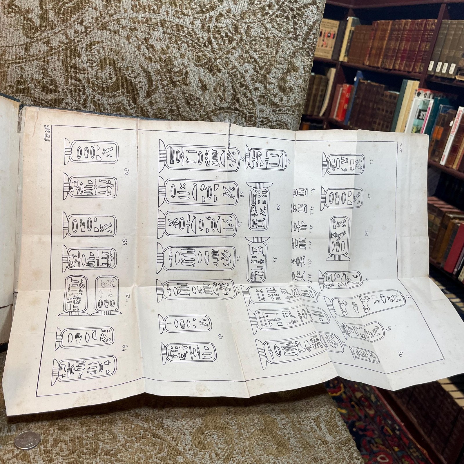 Précis du Système Hiéroglyphique des Anciens Égyptiens, ou Recherches sur les éléments premiers de cette écriture sacrée, sur leurs diverses combinaisons, et sur les rapports de ce système avec les autres méthodes graphiques égyptiennes; par M. Champollion le Jeune. Seconde édition, revue par l'auteur, et augmentée de la Lettre à M. Dacier, relative à l'Alphabet des hiéroglyphes phonétiques employés par les Égyptiens sur leurs monuments de l'époque grecque et de l'époque romaine. Planches et explication. Translated: Summary of the
Hieroglyphic System of the Ancient Egyptians, or Research on the primary elements of this sacred writing, on their various combinations, and on the relations of this system with other Egyptian graphic methods; by M. Champollion the Younger. Second edition, reviewed by the author and augmented by the Letter to M. Dacier, concerning the Alphabet of phonetic hieroglyphs used by the Egyptians on their monuments from the Greek and Roman periods. Plates and explanation. — photograph 8.