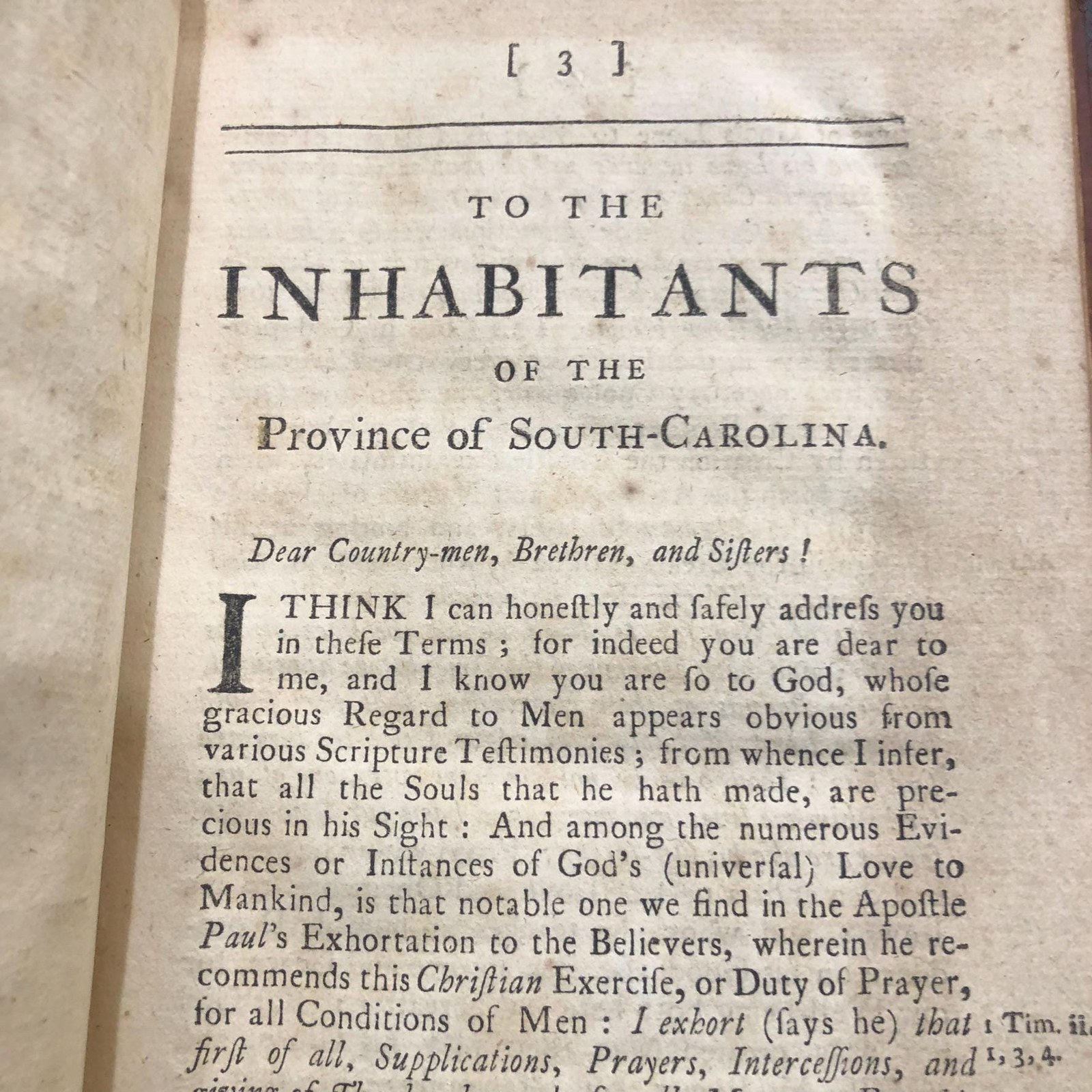 An Epistle to The Inhabitants of South-Carolina; Containing Sundry Observations Proper to be Consider'd by Every Professor of Christianity in General — photograph 3.
