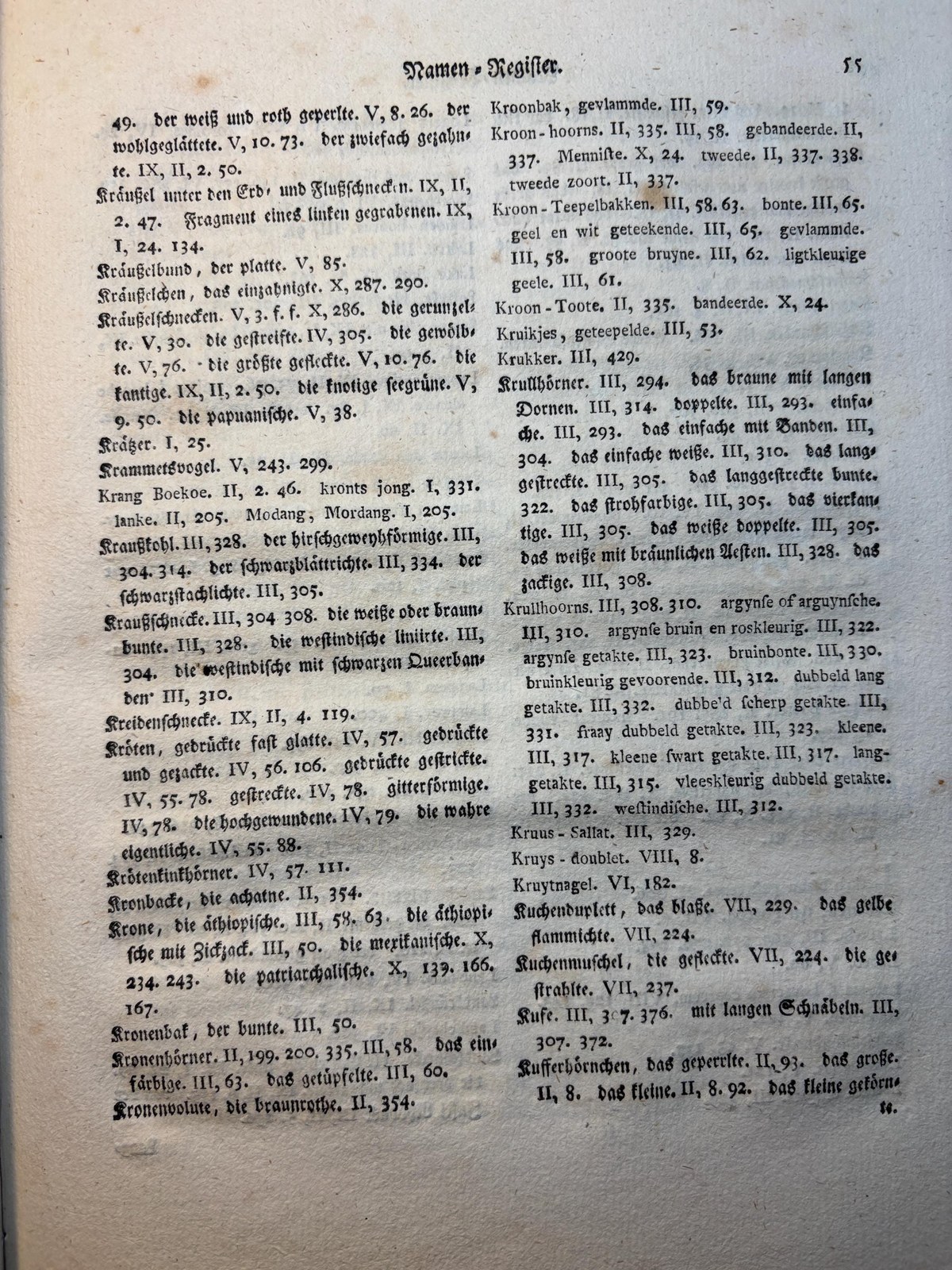 Vollständiges alphabetisches Namen=Register über alle zehn Bände des von dem seel. Herrn D. Martini in Berlin angefangenen, und von Herrn Pastor Chemnitz in Kopenhagen fortgesetzten und vollendeten systematischen Conchylien=Cabinets. Vefertiget von Johann Samuel Schröter Herzoglich Sachsen-Weimarischen Superintendenten zu Buttstädt, auch Oberpfarrer daselbst, mehrerer gelehrten Akademien und Gesellschaften Mitglied. Translated: Complete Alphabetical Name Index to All Ten Volumes of the Systematic Conchological Cabinet, begun by the late Dr. Martini in Berlin, and continued and completed by Pastor Chemnitz in Copenhagen. Compiled by Johann Samuel Schröter, Ducal Saxon-Weimarian Superintendent in Buttstädt, also Senior Pastor there, Member of several learned academies and societies. — photograph 7.