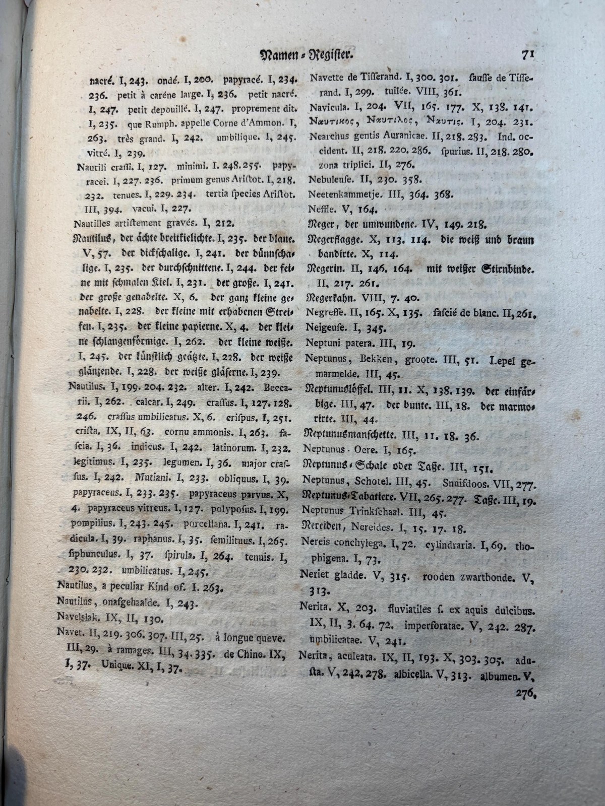 Vollständiges alphabetisches Namen=Register über alle zehn Bände des von dem seel. Herrn D. Martini in Berlin angefangenen, und von Herrn Pastor Chemnitz in Kopenhagen fortgesetzten und vollendeten systematischen Conchylien=Cabinets. Vefertiget von Johann Samuel Schröter Herzoglich Sachsen-Weimarischen Superintendenten zu Buttstädt, auch Oberpfarrer daselbst, mehrerer gelehrten Akademien und Gesellschaften Mitglied. Translated: Complete Alphabetical Name Index to All Ten Volumes of the Systematic Conchological Cabinet, begun by the late Dr. Martini in Berlin, and continued and completed by Pastor Chemnitz in Copenhagen. Compiled by Johann Samuel Schröter, Ducal Saxon-Weimarian Superintendent in Buttstädt, also Senior Pastor there, Member of several learned academies and societies. — photograph 8.