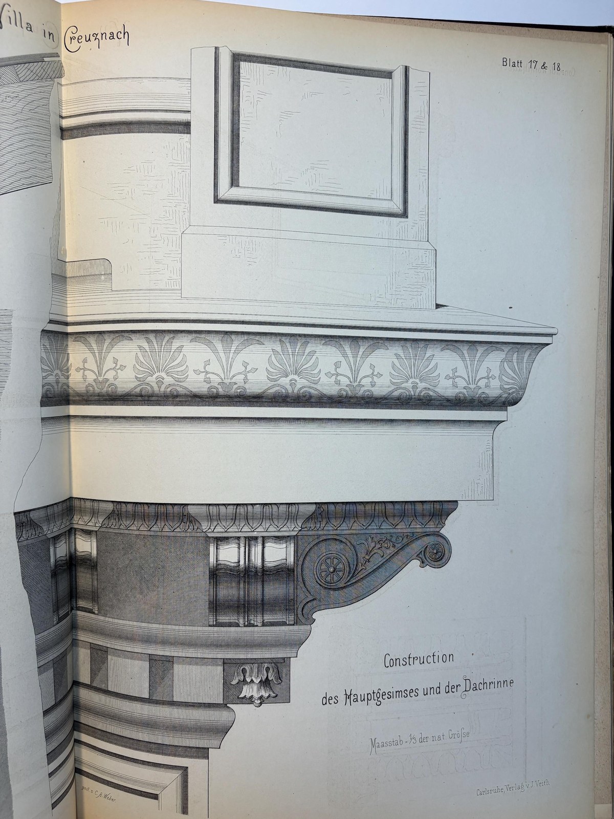 Auswahl von Entwürfen ausgeführter Wohnhäuser & Villen, Façaden, Grundrisse, Schnitte etc. mit Details, zum Theil in natürlicher Grösse herausgegeben von C. Conradi, königl. Baurath in Creuznach. In 6 Lieferungen à 6 Blatt, je ein Gebäude mit den dazu gehörigen Details enthaltend. Translated: Selection of Designs of completed Residences & Villas, facades, floor plans, sections, etc. with details, partly in actual size edited by C. Conradi, Royal Building Inspector in Kreuznach. In 6 installments of 6 plates each, each containing a building with its associated details. — photograph 10.