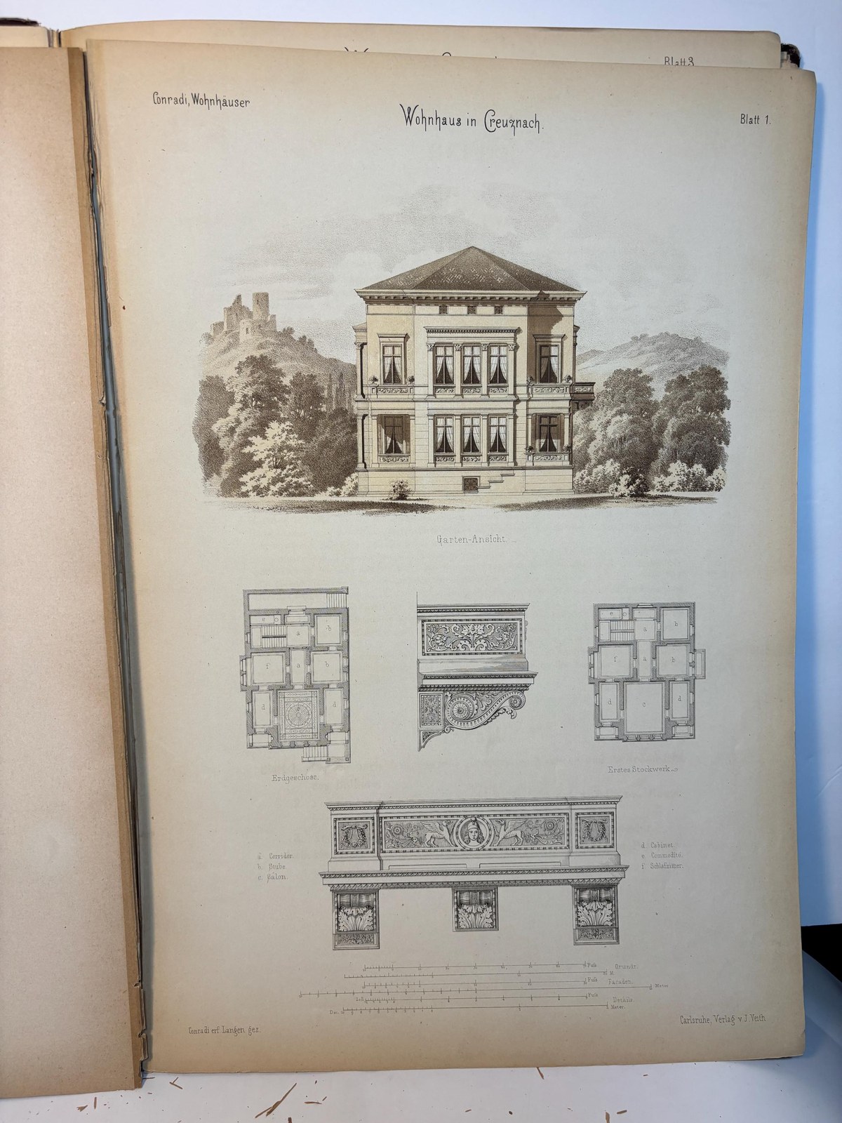 Auswahl von Entwürfen ausgeführter Wohnhäuser & Villen, Façaden, Grundrisse, Schnitte etc. mit Details, zum Theil in natürlicher Grösse herausgegeben von C. Conradi, königl. Baurath in Creuznach. In 6 Lieferungen à 6 Blatt, je ein Gebäude mit den dazu gehörigen Details enthaltend. Translated: Selection of Designs of completed Residences & Villas, facades, floor plans, sections, etc. with details, partly in actual size edited by C. Conradi, Royal Building Inspector in Kreuznach. In 6 installments of 6 plates each, each containing a building with its associated details. — photograph 6.