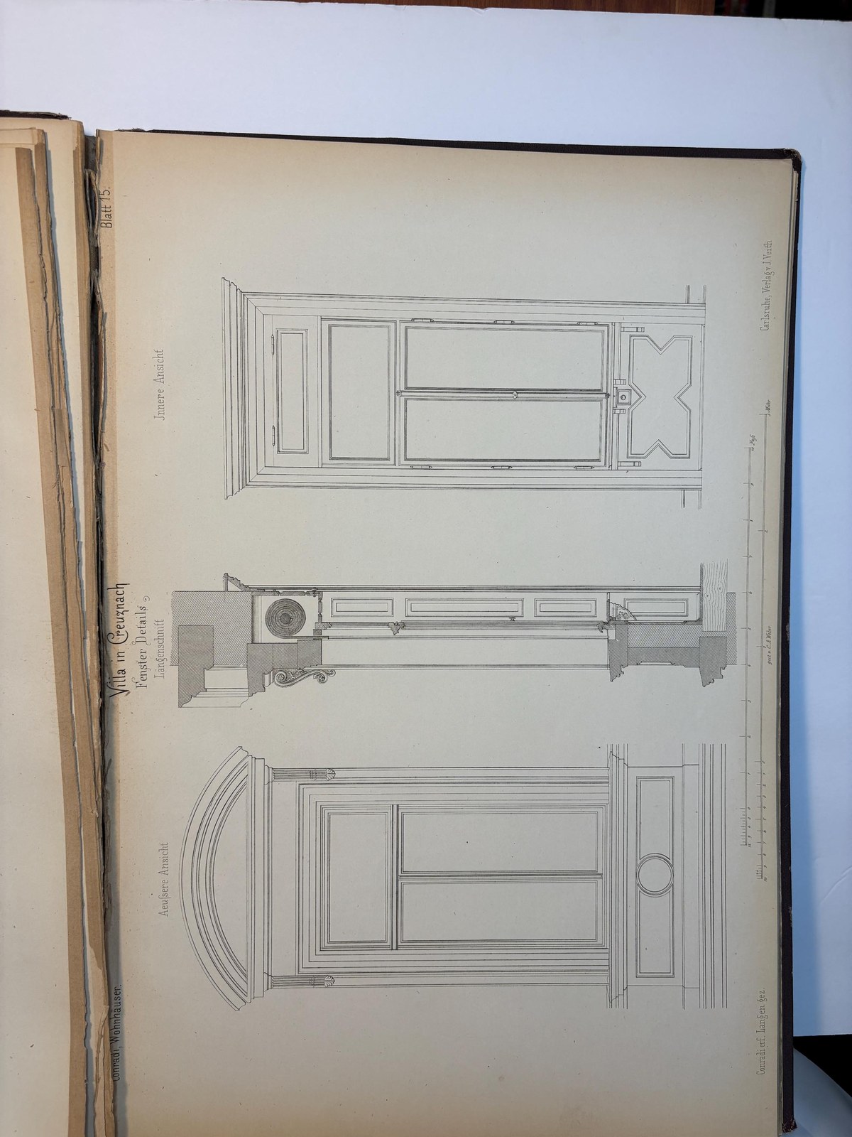 Auswahl von Entwürfen ausgeführter Wohnhäuser & Villen, Façaden, Grundrisse, Schnitte etc. mit Details, zum Theil in natürlicher Grösse herausgegeben von C. Conradi, königl. Baurath in Creuznach. In 6 Lieferungen à 6 Blatt, je ein Gebäude mit den dazu gehörigen Details enthaltend. Translated: Selection of Designs of completed Residences & Villas, facades, floor plans, sections, etc. with details, partly in actual size edited by C. Conradi, Royal Building Inspector in Kreuznach. In 6 installments of 6 plates each, each containing a building with its associated details. — photograph 9.