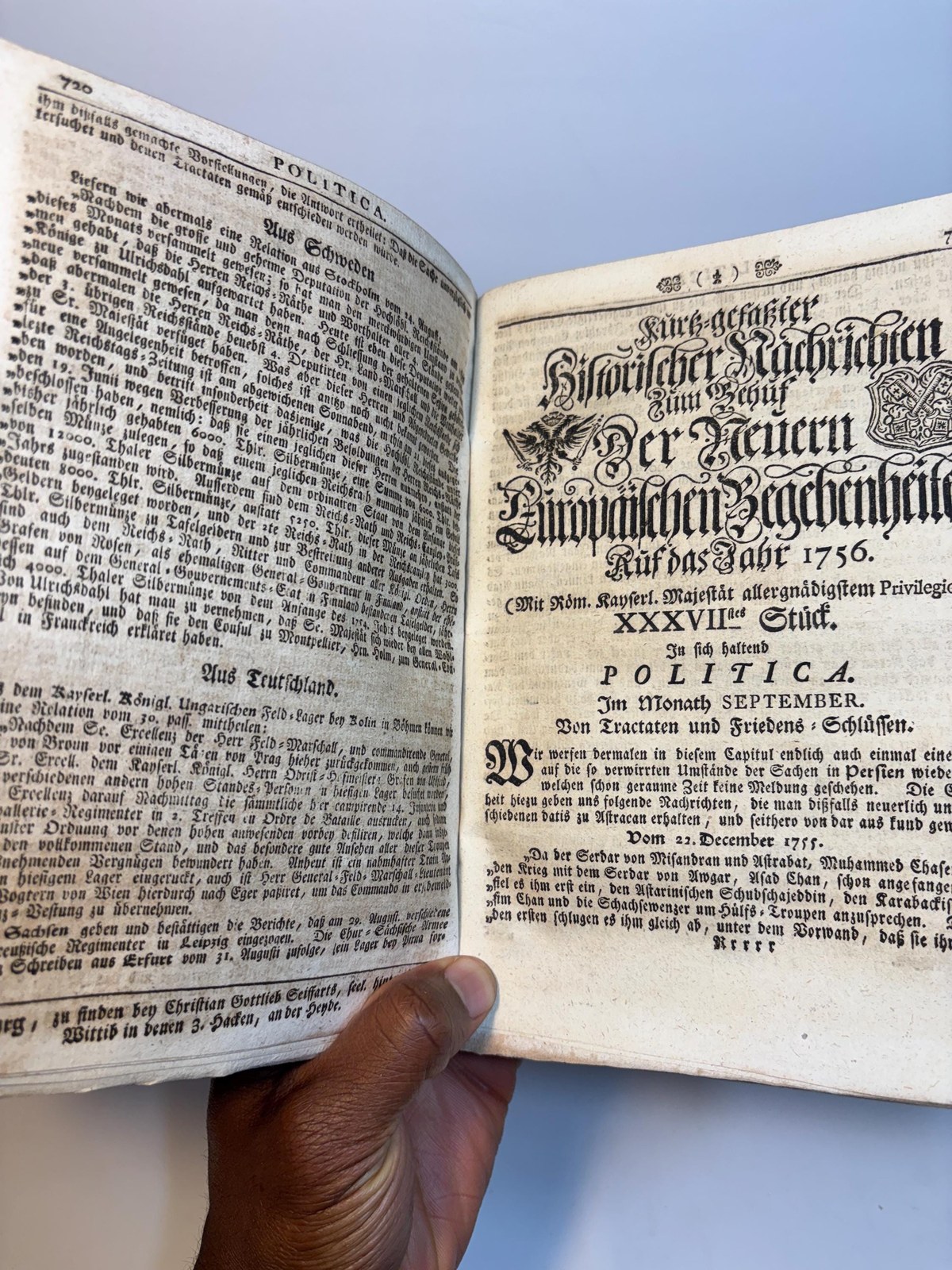 Zu den wöchentlich kurzgefaßten Historischen Nachrichten zum Behuf der Neueren Europäischen Begebenheiten, Auf das Jahr 1756. 1stes Stück. Des Monats Januarii. (Mit Röm. Kayserl. Majestät allergnädigstem Privilegio.) ---AND--- Nachtrag. Translated: Of the weekly summarized Historical Reports for the purpose of Recent European Events, For the year 1756. 1st issue. Of the month of January. (With the most gracious privilege of His Roman Imperial Majesty.) ---AND--- Supplement. Two texts bound as one. — photograph 6.
