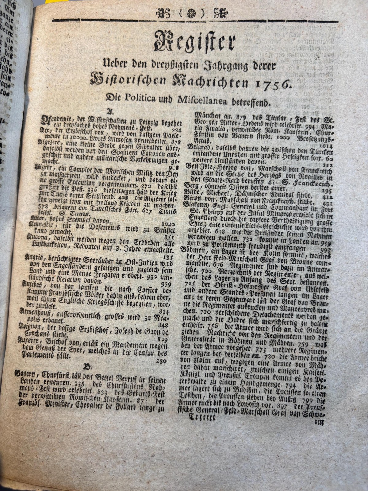 Zu den wöchentlich kurzgefaßten Historischen Nachrichten zum Behuf der Neueren Europäischen Begebenheiten, Auf das Jahr 1756. 1stes Stück. Des Monats Januarii. (Mit Röm. Kayserl. Majestät allergnädigstem Privilegio.) ---AND--- Nachtrag. Translated: Of the weekly summarized Historical Reports for the purpose of Recent European Events, For the year 1756. 1st issue. Of the month of January. (With the most gracious privilege of His Roman Imperial Majesty.) ---AND--- Supplement. Two texts bound as one. — photograph 8.