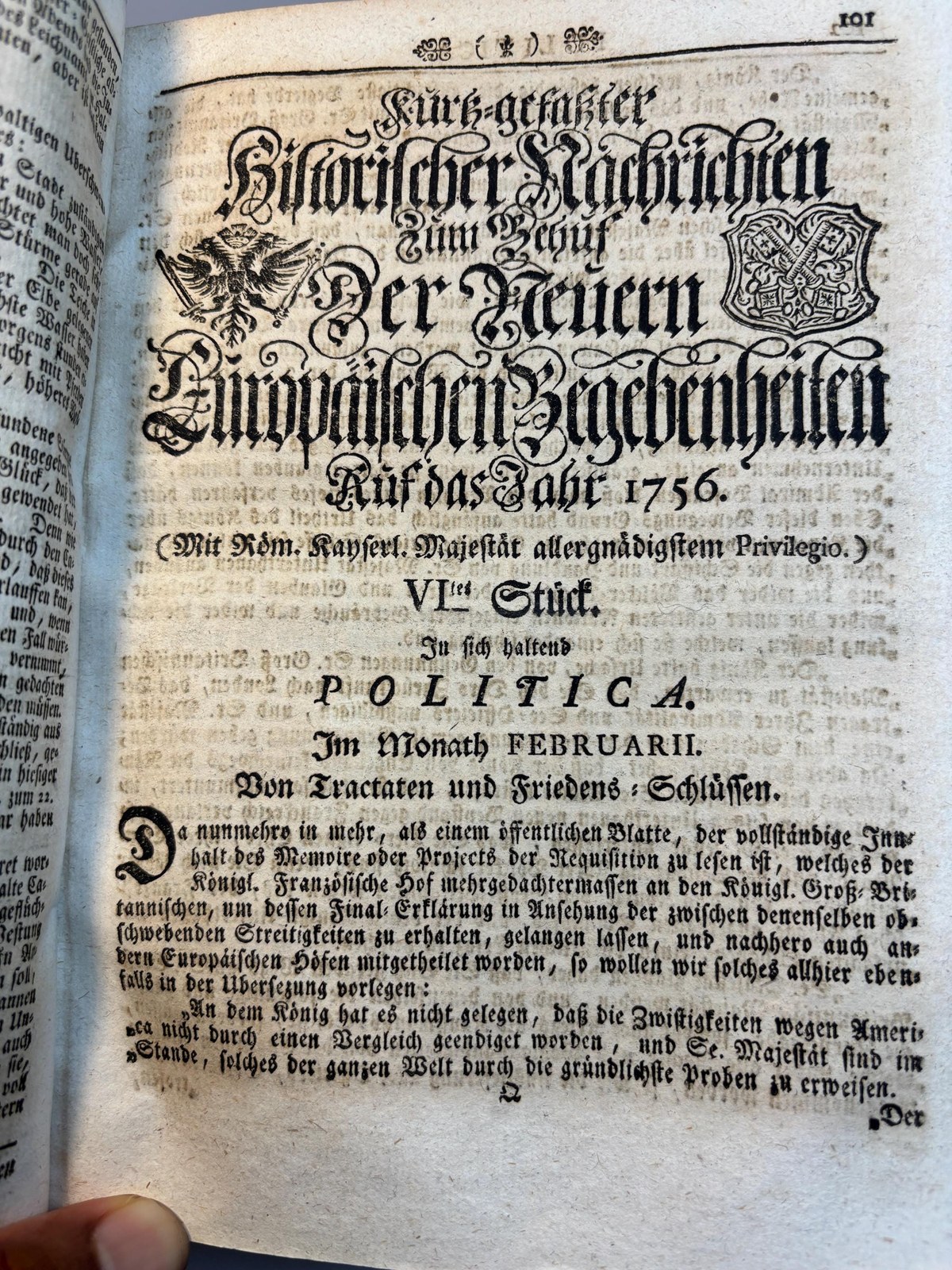 Zu den wöchentlich kurzgefaßten Historischen Nachrichten zum Behuf der Neueren Europäischen Begebenheiten, Auf das Jahr 1756. 1stes Stück. Des Monats Januarii. (Mit Röm. Kayserl. Majestät allergnädigstem Privilegio.) ---AND--- Nachtrag. Translated: Of the weekly summarized Historical Reports for the purpose of Recent European Events, For the year 1756. 1st issue. Of the month of January. (With the most gracious privilege of His Roman Imperial Majesty.) ---AND--- Supplement. Two texts bound as one. — photograph 9.