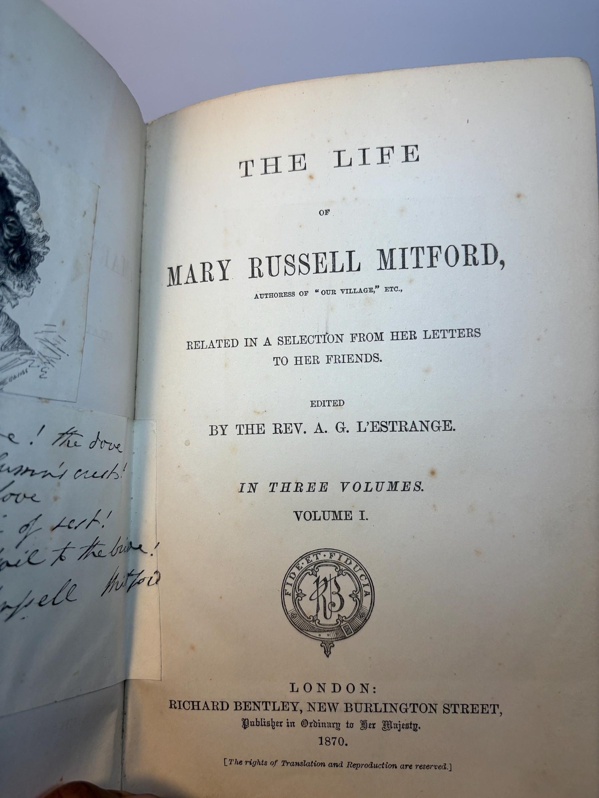 The Life of Mary Russell Mitford, Related in a Selection from Her Letters to Her Friends. 2 Vols.(I, II of III only) — photograph 5.