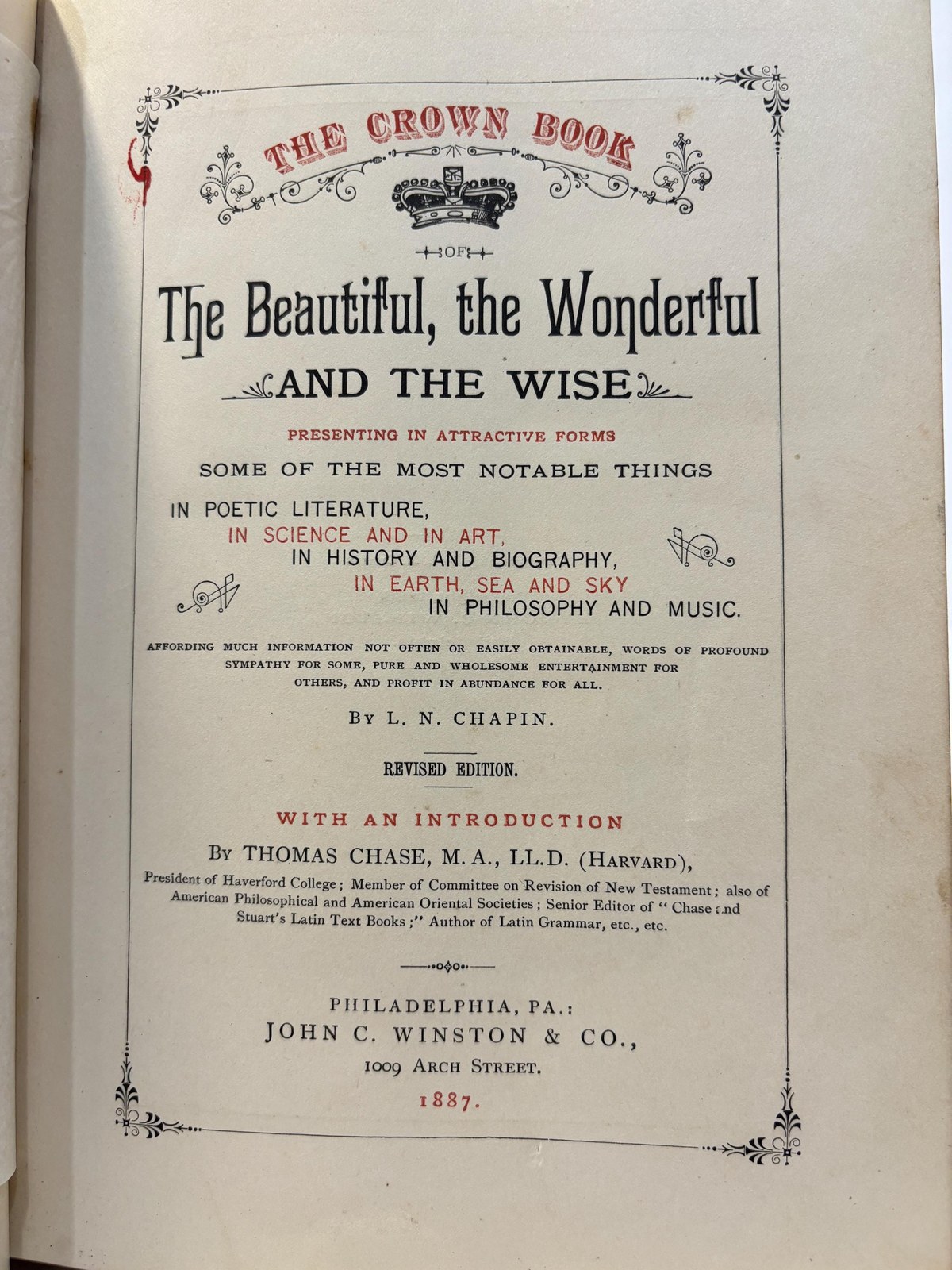 (Salesman's Prospectus) The Crown Book of The Beautiful, The Wonderful and the Wise Presenting in Attractive Forms some of The Notable Things in Poetic Literature, In Science and In Art, In History and Biography, In Earth, Sea and Sky in Philosophy and Music.., Revised Edition. With an Introduction by Thomas Chase... — photograph 5.
