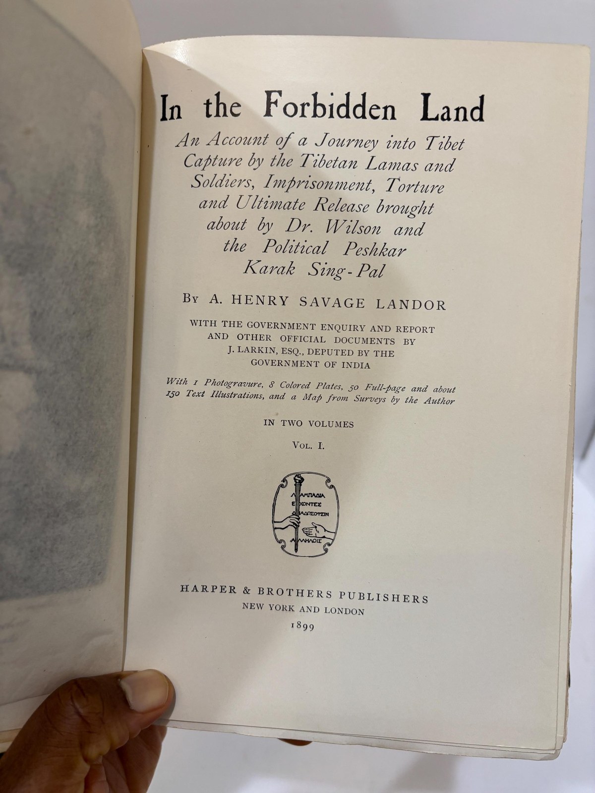 In the Forbidden Land, an Account of a Journey into Tibet Capture by the Tibetan Lamas and Soldiers, Imprisonment, Torture and Ultimate Release brought about by Dr. Wilson and The Political Peshkar Karak Sing-Pal, With the Government Enquiry and Report and Other Official Documents by J. Larkin, Esq., Deputed by the Government of India. With 1 Photogravure, 8 Colored Plates, 50 Full Page and about 150 Text Illustrations, and a Map from Surveys by The Author. In Two Volumes. — photograph 4.