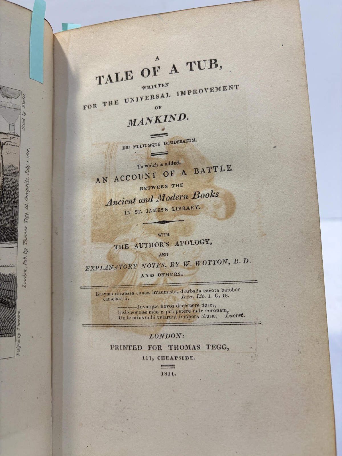 A Tale of A Tub, Written For The Universal Improvement of Mankind. To Which is Added, An Account of A Battle Between The Ancient and Modern Books in St. James Library. With The Author's Apology, and Explanatory Notes, by W. Wooten, B.D. and Others. (Zaehnsdorf Signed Binding) — photograph 4.