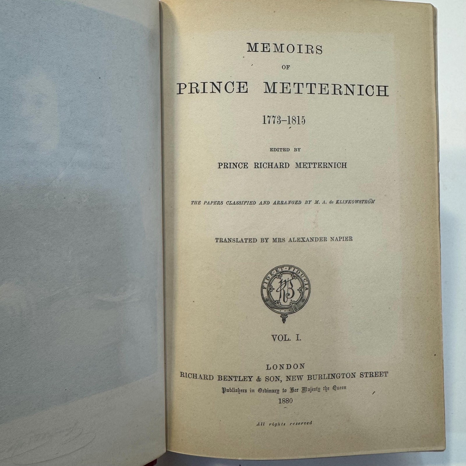 Memoirs of Prince Metternich 1773-1815 (Vols. 1, 3, 4 of Five Only) — photograph 6.