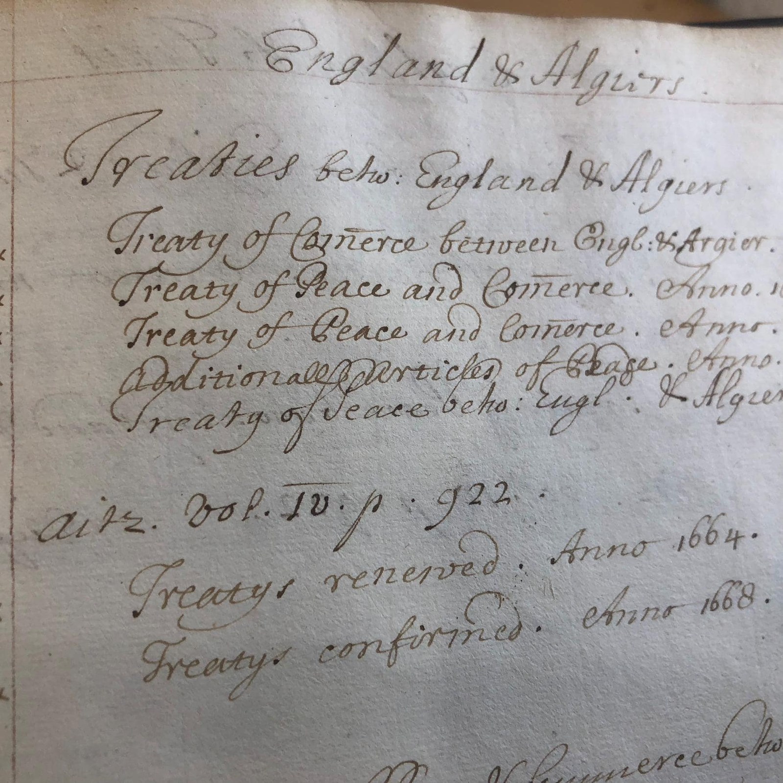 A List of Treaties Between Several Princes & States of The World, 233 pp of manuscript — photograph 3.