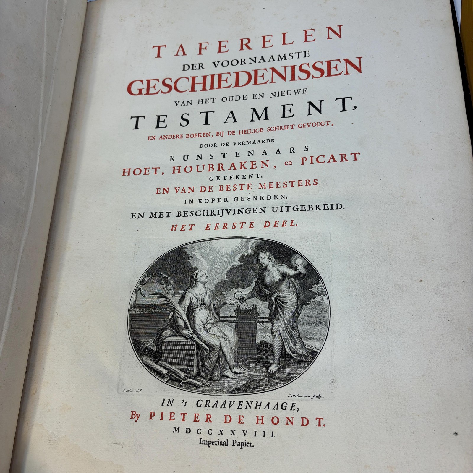 Taferelen Der Voornaamste Geschiedenissen Van Het Oude En Nieuwe Testament,En Andere Boeken, Bij De Heilige Schrift Gevoegt, Door De Vermaarde Kunstenaars Hoet, Houbraken, en Picart Getekent, En Van De Beste Meesters In Koper Gesneden, En Met Beschrijvingen Uitgebreid. Het Eerste Deel. Translated: Scenes Of The Principal Histories Of The Old And New Testament, And Other Books Added To Holy Scripture, Drawn By The Renowned Artists Hoet, Houbraken, and Picart, And Engraved On Copper By The Best Masters, And Expanded With Descriptions. Dutch Picture Bible, 3 vols. — photograph 2.