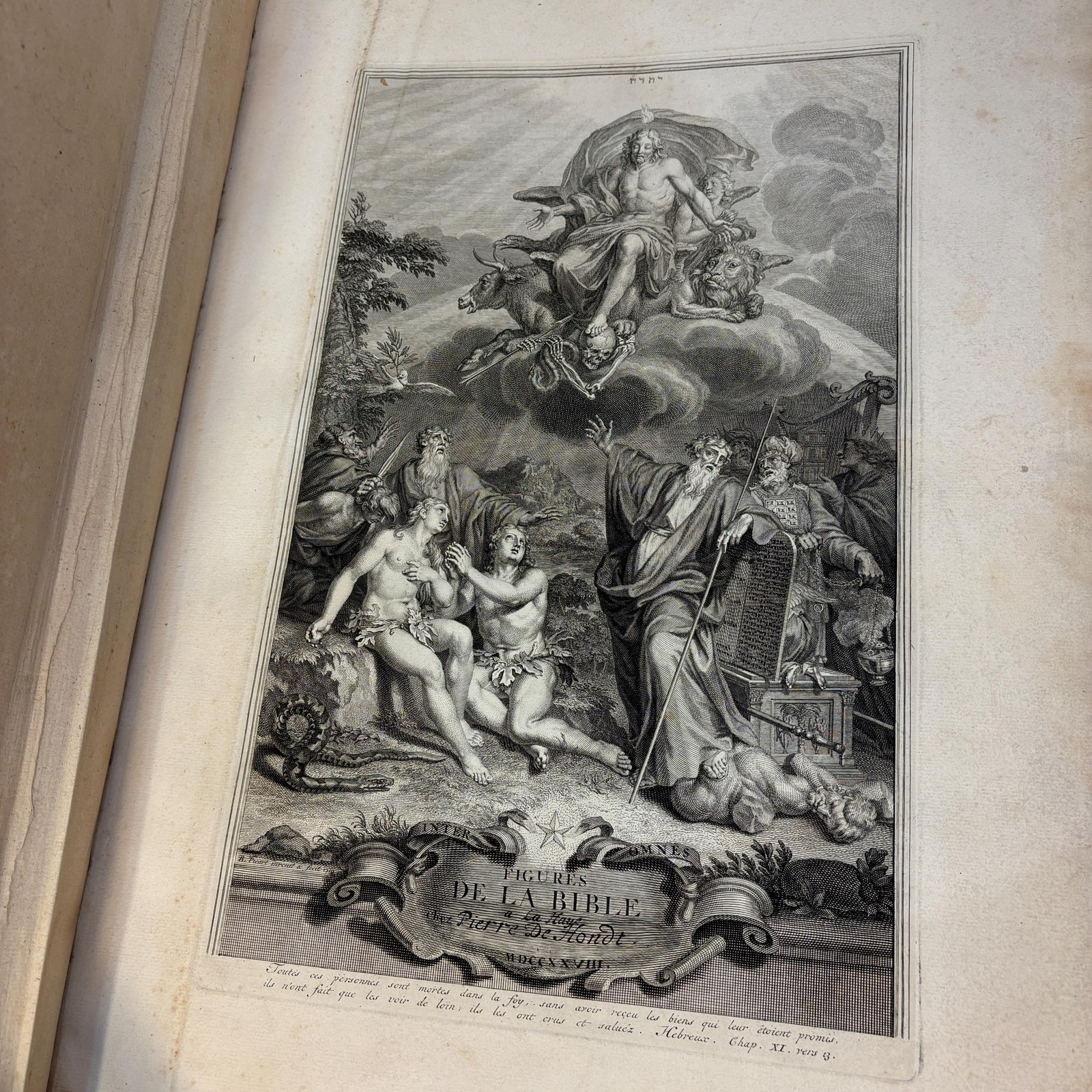 Taferelen Der Voornaamste Geschiedenissen Van Het Oude En Nieuwe Testament,En Andere Boeken, Bij De Heilige Schrift Gevoegt, Door De Vermaarde Kunstenaars Hoet, Houbraken, en Picart Getekent, En Van De Beste Meesters In Koper Gesneden, En Met Beschrijvingen Uitgebreid. Het Eerste Deel. Translated: Scenes Of The Principal Histories Of The Old And New Testament, And Other Books Added To Holy Scripture, Drawn By The Renowned Artists Hoet, Houbraken, and Picart, And Engraved On Copper By The Best Masters, And Expanded With Descriptions. Dutch Picture Bible, 3 vols. — photograph 3.