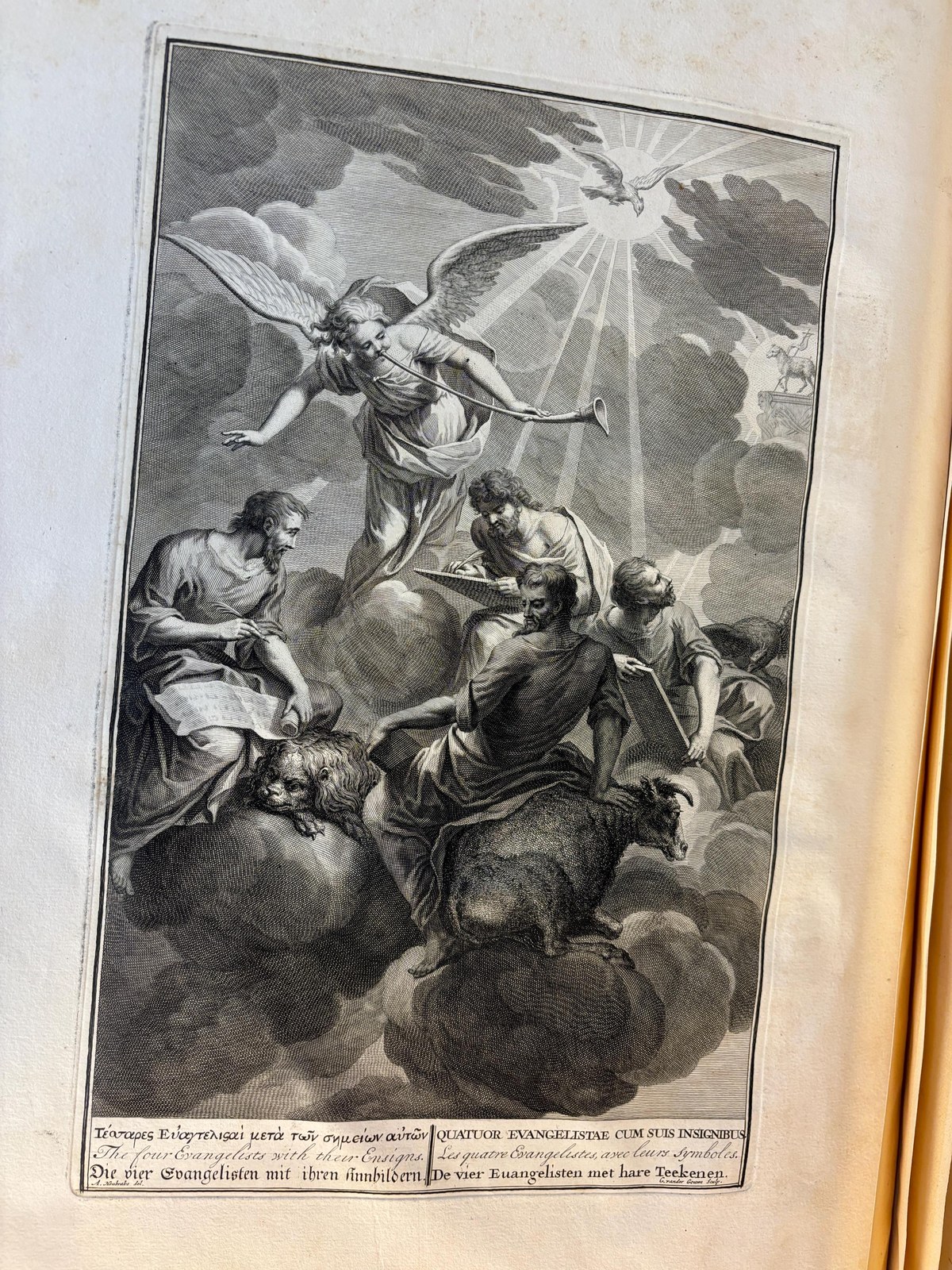 Taferelen Der Voornaamste Geschiedenissen Van Het Oude En Nieuwe Testament,En Andere Boeken, Bij De Heilige Schrift Gevoegt, Door De Vermaarde Kunstenaars Hoet, Houbraken, en Picart Getekent, En Van De Beste Meesters In Koper Gesneden, En Met Beschrijvingen Uitgebreid. Het Eerste Deel. Translated: Scenes Of The Principal Histories Of The Old And New Testament, And Other Books Added To Holy Scripture, Drawn By The Renowned Artists Hoet, Houbraken, and Picart, And Engraved On Copper By The Best Masters, And Expanded With Descriptions. Dutch Picture Bible, 3 vols. — photograph 5.
