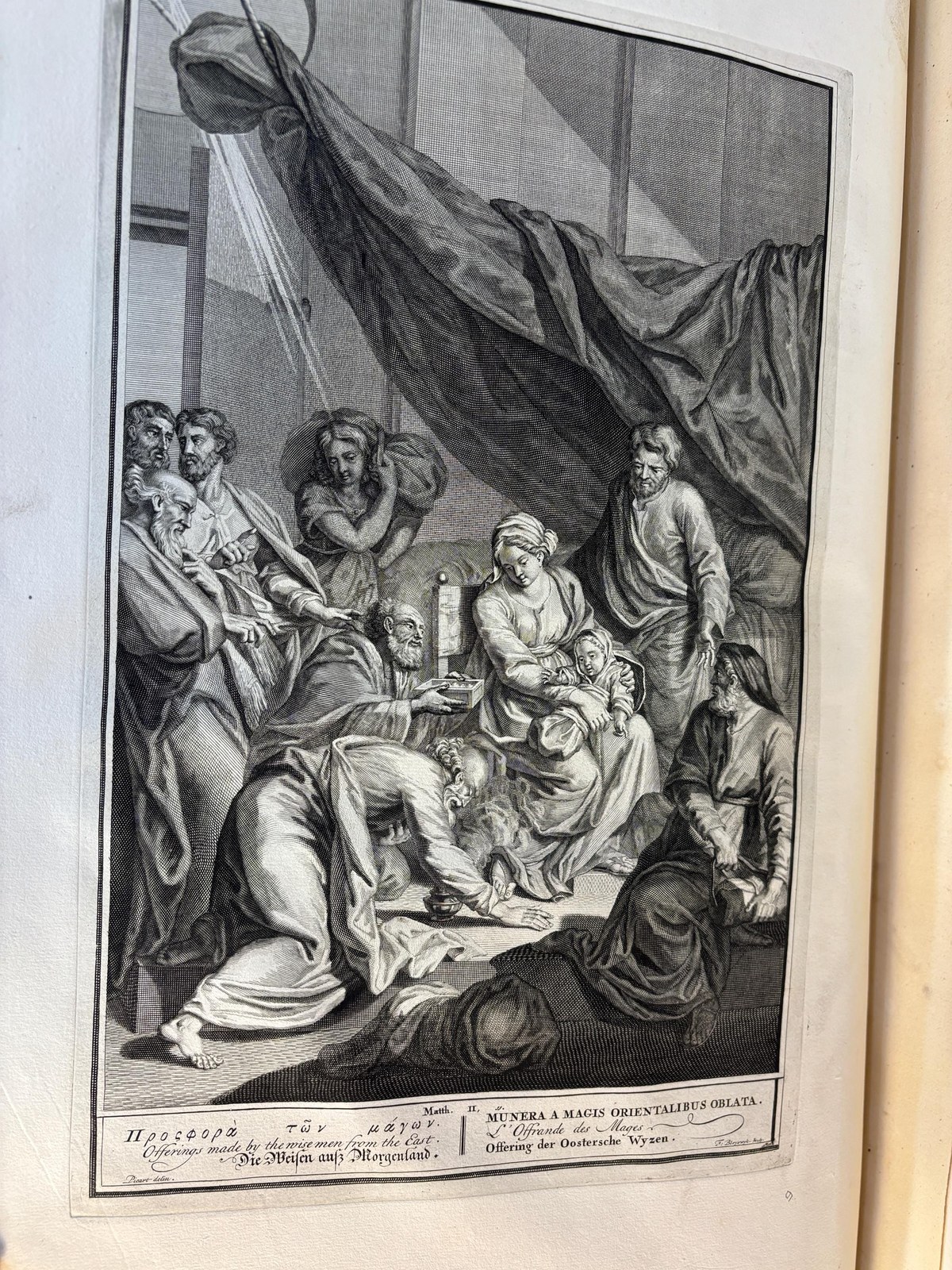 Taferelen Der Voornaamste Geschiedenissen Van Het Oude En Nieuwe Testament,En Andere Boeken, Bij De Heilige Schrift Gevoegt, Door De Vermaarde Kunstenaars Hoet, Houbraken, en Picart Getekent, En Van De Beste Meesters In Koper Gesneden, En Met Beschrijvingen Uitgebreid. Het Eerste Deel. Translated: Scenes Of The Principal Histories Of The Old And New Testament, And Other Books Added To Holy Scripture, Drawn By The Renowned Artists Hoet, Houbraken, and Picart, And Engraved On Copper By The Best Masters, And Expanded With Descriptions. Dutch Picture Bible, 3 vols. — photograph 7.