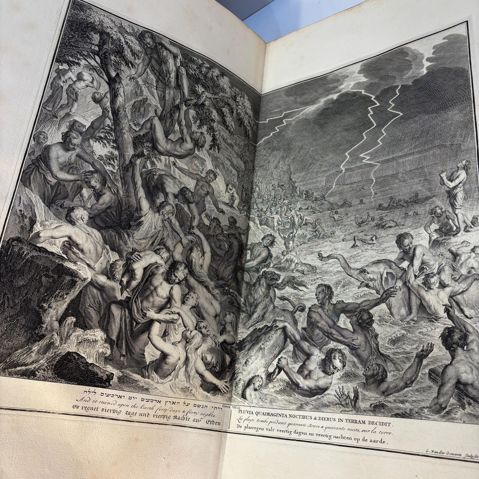 Taferelen Der Voornaamste Geschiedenissen Van Het Oude En Nieuwe Testament,En Andere Boeken, Bij De Heilige Schrift Gevoegt, Door De Vermaarde Kunstenaars Hoet, Houbraken, en Picart Getekent, En Van De Beste Meesters In Koper Gesneden, En Met Beschrijvingen Uitgebreid. Het Eerste Deel. Translated: Scenes Of The Principal Histories Of The Old And New Testament, And Other Books Added To Holy Scripture, Drawn By The Renowned Artists Hoet, Houbraken, and Picart, And Engraved On Copper By The Best Masters, And Expanded With Descriptions. Dutch Picture Bible, 3 vols. — photograph 9.