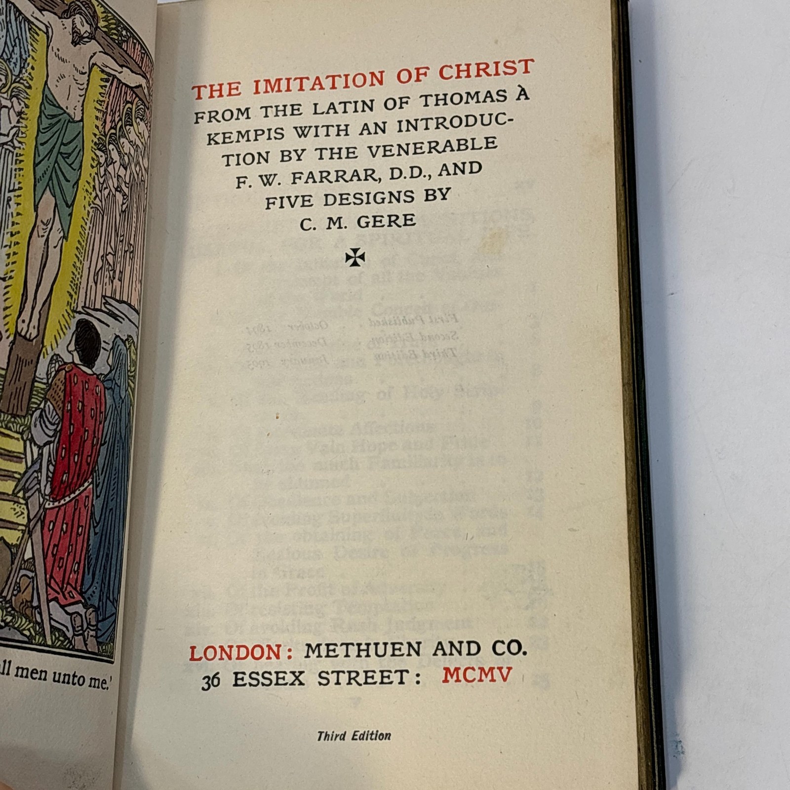 The Imitation of Christ, from the Latin of Thomas A. Kempis with an Introduction b y the venerable F.W. Farrar, D.D. and five Designs by C.M. Gere. Third Edition. Bumpus signed binding. — photograph 2.