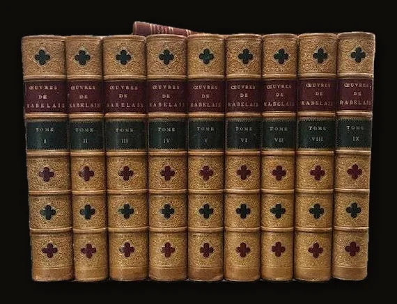 Oeuvres de Rabelais. Edition variorum, augmentée de pièces inédites, des Songes drolatiques de Pantagruel, ouvrage posthume, avec l'explication en regard; des remarques de Le Duchat, de Bernier, de Le Motteux, de l'abbé de Marsy, de Voltaire, de Ginguené, etc.; et d'un nouveau commentaire historique et philologique, par Esmangart et Eloi Johanneau, membres de la Société Royale des Antiquaires // [Works by Rabelais. Edition Variorum, augmented by unpublished plays, of the Dracatic Dreams of Pantagruel, a posthumous work, with the explanation opposite; remarks by Le Duchat, Bernier, Le Motteux, the Abbé de Marsy, Voltaire, Ginguené, etc .; and a new historical and philological commentary, by Esmangart and Eloi Johanneau, members of the Royal Society of Antiquaries].