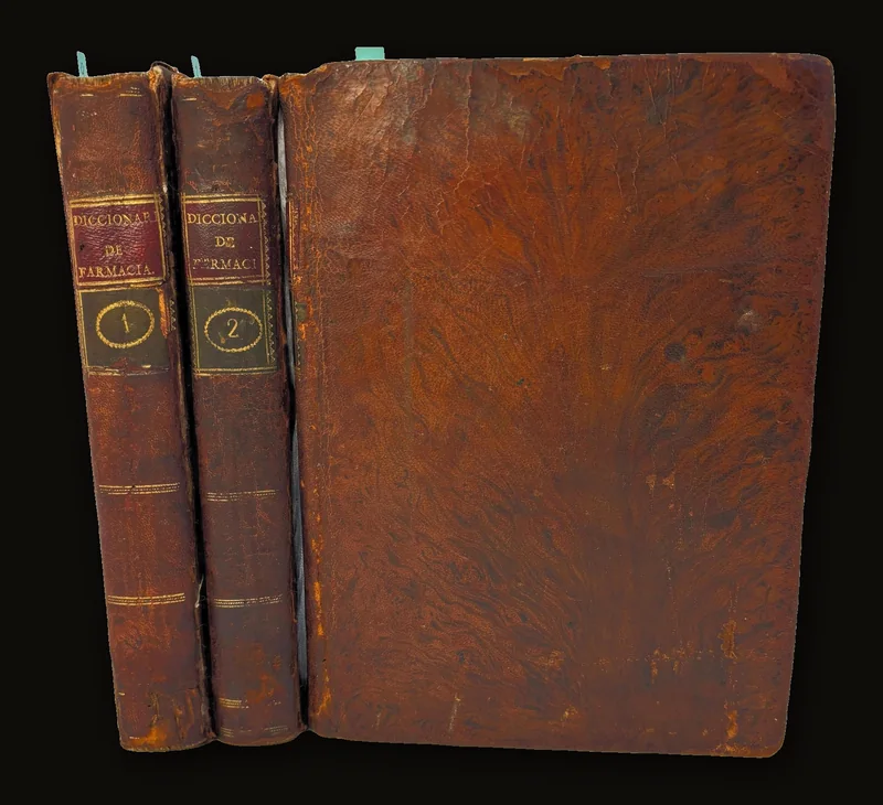 Diccionario Elemental De Farmacia, Botánica Y Materia Médica, Ó Aplicaciones De Los Fundamentos De La Química Moderna Á La Farmacia En Todos Sus Ramos, Aumentado con una nomenclatura moderna muy abundante, y una tabla de materias muy completa, arregladas á la tercera edición añadida de la Farmacopea Española. Segunda Edición Con Láminas.Translated: Of Pharmacy, Botany, And Materia Medica, Or Applications Of The Principles Of Modern Chemistry To Pharmacy In All Its Branches, Enlarged with a very abundant modern nomenclature, and a very complete table of subjects, arranged according to the third enlarged edition of the Spanish Pharmacopoeia. Three Volumes, Second Edition with Plates..