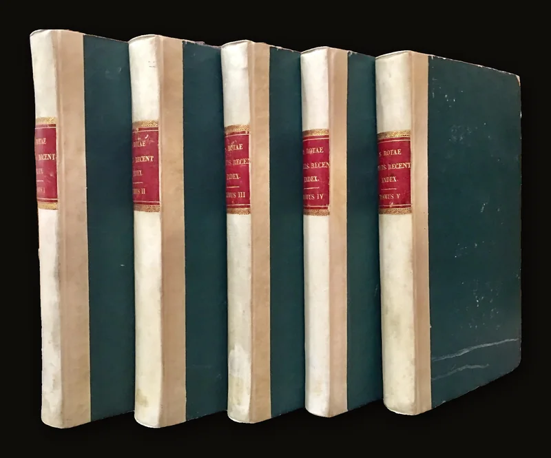 Sacrae Rotae Romanae decisiones recentiores in compendium redactae ad modum indicis per materias et tractatus sex in tomos a nonnullis Mediolanensis Athenaei sociis distcompartmentutae. TRANSLATION:  "The recent decisions of the Sacred Roman Rota compiled into a compendium in the form of an index by subjects and six treatises, compartmentalized into volumes by some members of the Athenaeum in Milan.".