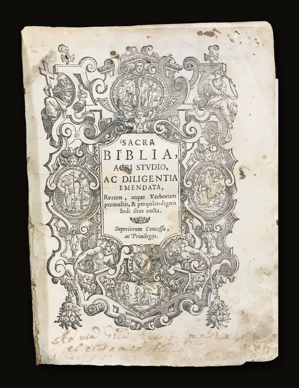 Sacra Biblia, Acri Studio, ac Diligentia Emendata, Rerum, Atque Verborum Permultis, & Perquàmdignis Indicibus Aucta. Superiorum Concessu ac Privilegiis. GOOGLE TRANSLATION: ((The Holy Scriptures, by vigorous, and Diligence, Volume, Reality, and the word at present, and was augmented by & additional informant. Special privileges granted by Superiors)).