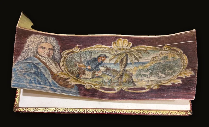 2 Double fore-edge paintings. The Life and Surprising Adventures of Robinson Crusoe, of York, Mnariner: who Lived eight-and-twenty years, all alone, on an uninhabited island, near the mouth of the great river Oroonoque. With an account of his travels round three parts of the Globe..
