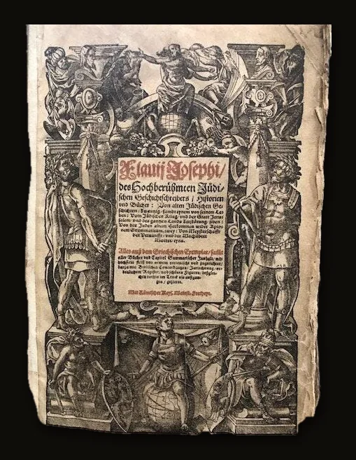 Flauii Josephi des Hochberühmten Jüdischen Geschichtschreibers, Historien und Bücher: Von alten Jüdischen Geschichten / Zwanzig / sampt einem von seinem Leben: Vom Jüdischen Krieg und der Stadt Jerusalem / und des ganzen Landes Zerstörung Juden: Von der Juden alten Bekkomen wider Apionem Grammaticaum, zwey: Von Maccabaeer Märtereyn.  Alles aus dem Griechischen Exemplar / saͤmtlicher Bücher und Capitel Summarischer Inhalt / mit hoͤchstem Fleiß von newem verteutscht und zugerichtet / darzuma biblischen Concordanzen / Jahrrechnung / ordentlichen Register / und schönen Figuren / deßgleichen vorhin in Truck nie außgangen / gezieret.  Mit Römischer Kayl. Mayest. Freyheit.  Translation:  Flavius Josephus  The most renowned Jewish historian, his histories and books:  Of the ancient Jewish history / twenty [books] / together with one about his own life:  Of the Jewish War and the destruction of the city of Jerusalem and the whole land of the Jews:  Of the ancient origin of the Jews against the grammarian Apion, two [books]:  Of the martyrdom of the Maccabees.  All translated with the utmost diligence from the Greek original / including a summary of all books and chapters / newly translated and arranged / with biblical concordances / chronological tables / proper index / and beautiful illustrations / such as never before printed / adorned accordingly.  With Imperial Roman Majesty’s privilege..