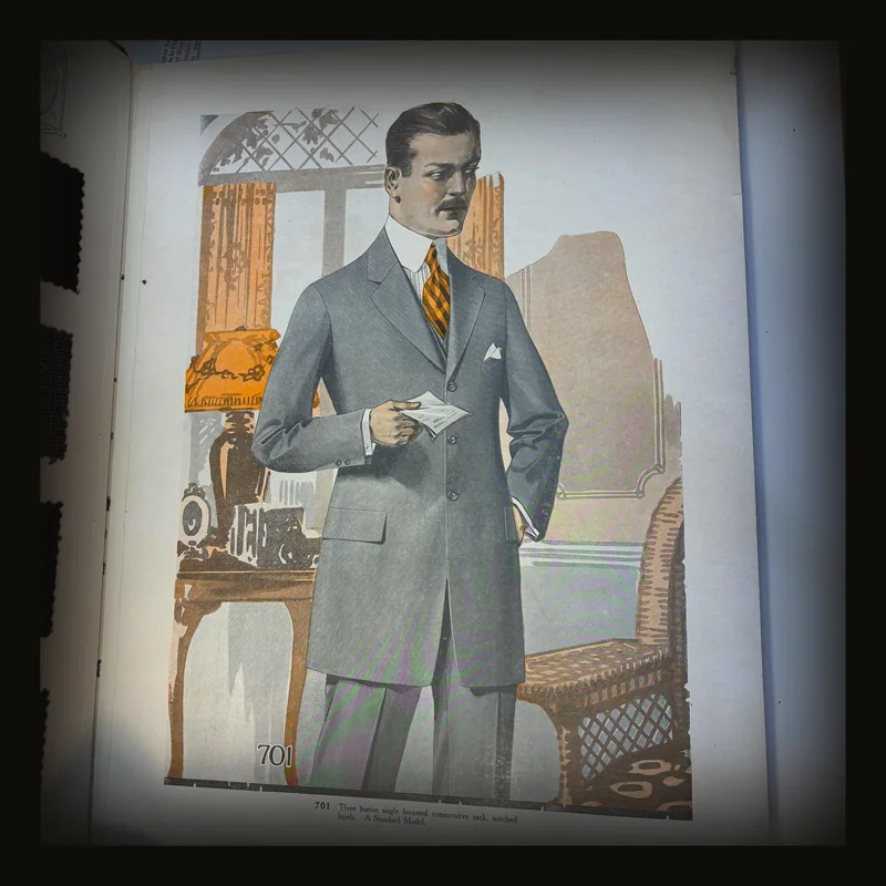 Novelties in Fine Woolens, Huntington Clothes will Fit and Please You. Fall and Winter 1919-1920. Huntington Tailoring Co. High Art Custom Tailoring, Chicago.
