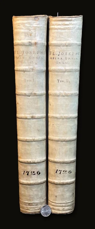 Flavii Josephi Quae Reperiri Potuerunt, Opera Omnia Graece et Latine, Cum Notis & Nova Versione Joannis Hudsoni, S.T.P. Aulae B. Mariae Virginis Principalis, & Bibliothecarii Bodlejani. Accedunt Nunc Primum Notae Integrae, ad Graeca Josephi & Varios Ejusdem Libros, D. Eduardi Bernardi, Jacobi Gronovii, Francisci Combefisii, Jo. Sibrandae, Hendr. Aldrichii. Ut & Ineditae In Universa Fl. Josephi Opera, Joannis Covvei, Ezechielis Spanhemii, Hadriani Relandi, & Selectae Aliorum. Adjiciuntur In Fine Caroli Daubuz Libri duo pro Testimonio Fl. Josephi de Jesu Christo; Et ejusdem Argumenti Epistolae XXX. virorum Doctorum, ut Reinesii, Snellii, Jo. Fr. Gronovii aliorumque, Philologicae & Historicae; ut & Petri Brinch Examen Chronologiae & Historiae Josephicae; Jo. Baptist. Ottii Animadversiones as Josephum & specimen Levici Flaviani; Christ. Noldii Historia Ideumaea, seu de Vita & Gestis Herodum &c. &c. Quorum Syllabus exstat ante Libri Primi Antiquitatum. Omnia collegit, disposuit, & post Jo. Hudsonum ad Codices fere omnes, cum inpressos, tum Manuscriptos, praecipue Lugduno-Batavos, diligenter recensuit, Notasque passim suas, & quinque in fibe Indices adjecit Sigebertus Havercampus; Linguae Graeca, Historiarum & Eloquentiae Professor, in Academia, quae Lugduni est, Batava. Tomis Duobus. Translated from Latin: "The Complete Works of Flavius Josephus That Could Be Found, in Greek and Latin, with Notes & a New Translation by John Hudson, S.T.P., Principal of St. Mary’s Hall and Bodleian Librarian. Additional Notes for the Greek Texts of Josephus and Various Books, by Edward Bernard, Jacob Gronovius, Francis Combefis, John Sibranda, Henry Aldrich. Also Added for the First Time are the Unpublished Notes on All of Flavius Josephus's Works by John Covell, Ezechiel Spanheim, Adriaan Reland, and Selected Others. Included at the End are Two Books by Charles Daubuz in Defense of Flavius Josephus's Testimony About Jesus Christ, as well as 30 Epistles of Learned Men on the Same Subject, such as Reinesius, Snellius, John Frederic Gronovius, and Others, Philological & Historical. Furthermore, Peter Brinch’s Examination of the Chronology and History of Josephus; John Baptist Ott’s Observations on Josephus and Specimen of Flavian Levite; Christian Nold's History of Idumea, or the Life & Acts of the Herods, etc., etc., the List of Which is Found Before the First Book of Antiquities. All Collected, Organized, and After John Hudson Were Carefully Reviewed Against Almost All the Codices, Both Printed and Manuscript, Especially Those of Leiden, with Notes Throughout by Sigebert Havercamp, Professor of the Greek Language, History, and Eloquence at the Academy of Leiden. In Two Volumes.".
