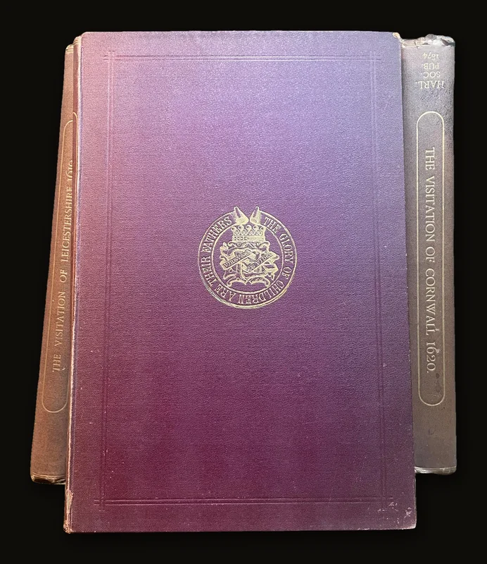 The Publications of The Harleian Society. Established A.D. 1869. Nine volumes comprising Vol.I.:The Visitation of London in the Year 1568. Taken by Robert Cooke…And Since Augmented Both With Descents and Arms. (London, 1869); Vol.II.: The Visitation of The Conty of Leicester In The Year 1619. Taken by William Camden.., Edited by John Fetherston. (London, 1870); Vol.III.:The Visitation of the County of Rutland In the Year 1618-19. Taken by William Camden... And Other Descents of Families Not in the Visitation. (London, 1870); Vol. IV.: The Visitations of The County of Nottingham In The Years 1569 and 1614, With Many other Descents of the Same County. Edited by George William Marshall, LL.M. (London, 1871); Vol. V.: The Visitations of The County of Oxford Taken in The Years 1566 by William Harvey, Clarencieux; 1574 by Richard Lee, Portcullis,.. and in 1634 by John Philpot, Somerset, and William Ryley, Bluemantle... Together with The Gatherings of Oxfordshire, Collected by Richard Lee in 1574. Edited and Annotated by William Henry Turner. (London, 1871); Vol. VI.: The Visitation of The County of Devon In The Year 1620. Edited by Frederic Thomas Colby (London, 1872); Vol.VII.: The Visitation of The County of Cumberland In The Year 1615. Taken by Richard St, George... Edited by John Fetherstone, F.S.A.(London, 1872); Vol. VIII.: Le Neve's Pedigrees of The Knights made By King Charles II., King James II., King William III. and Queen Mary, King William Alone, and Queen  Anne. Edited by George w. Marshall, LL.D...(LOndon, 1873); Vol. IX.: The Visitation of the County of Cornwall, In The Year 1620. Edited by Lieut.-Colonel J.L. Vivian and Henry H. Drake, M.A., Ph.D....(London, 1874). Nine volumes total..