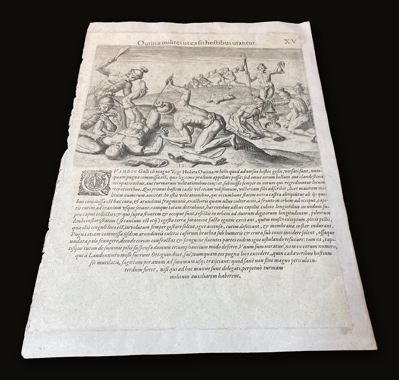 Engraved Folio Plate [9.25" x 13.5"] from De Bry and Le Moyne's "Brevis Narratio", of Native Americans of the Timucua, Florida.