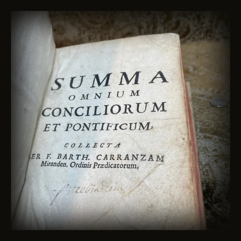 SUMMA OMNIUM CONCILIORUM ET PONTIFICUM, collecta per F. Barth. Carranzam Miranden. Ordinis Praedicatorum. Accesserunt Statuta quaedam Synodalia Parisiensis & Senonensis Ecclesiae. Appendix Conciliorum Galliæ collectionis P. Sirmondi, & Societate Nominis Jesu Presbyteri. Et Annotationes quam-plurimae Francisci Sylvii sacrae Theologiae Doctoris ejusdemque in Universitate Duacena Regii Professoris, pro commoda locorum difficiliorum intelligentia. Additae sunt etiam nonnullae Annotationes in hac nova Editione, quarum maximam partem habes in Prolegomenis. Translated: Summary Of All Councils And Pontiffs, compiled by F. Barth. Carranza of Miranda, of the Order of Preachers. Certain statutes have been added from the Synods of the Churches of Paris and Sens. An Appendix of French Councils from the collection of P. Sirmond, a Priest of the Society of Jesus. And numerous annotations by Francis Sylvius, Doctor of Sacred Theology and Royal Professor at the University of Douai, for the convenience of understanding difficult passages. Also included are several annotations in this new edition, most of which can be found in the Prolegomena..