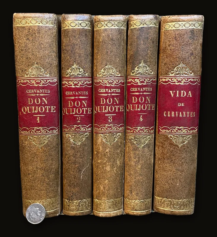El Ingenioso Hidalgo D. Quijote de la Mancha, compuesto por Miguel de Cervantes Saavedra. Cuarta edicion corregida por la Real Academia Española. ---AND--- Vida de Miguel de Cervantes Saavedra, escrita e ilustrada con varias noticias y documentos inéditos pertenecientes a la historia y literatura de su tiempo por d. Martín Fernández de Navarrete. Translated: The ingenious gentleman Don Quixote of La Mancha, composed by Miguel de Cervantes Saavedra. Fourth edition corrected by the Royal Spanish Academy. ---AND--- Life
of Miguel de Cervantes Saavedra, written and illustrated with various news and unpublished documents pertaining to the history and literature of his time by d. Martín Fernández de Navarrete. (5 volumes..