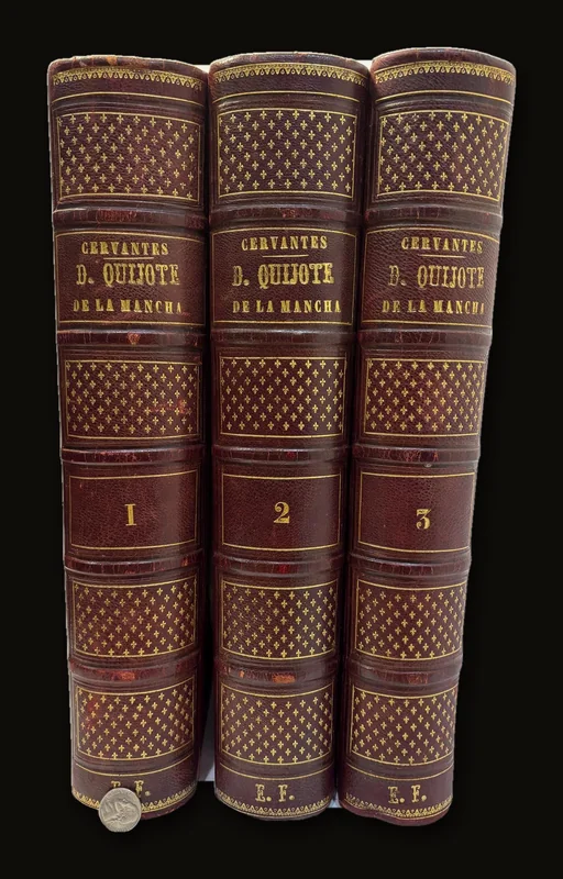 El ingenioso hidalgo Don Quijote De la Mancha. Compuesto Por Miguel de Cervantes Saavedra. Nueva edición, Adornada con láminas en cobre, cuyas planchas son propiedad De la Real Academia Española. (in 3 vol.). Translated: The ingenious gentleman Don Quixote Of La Mancha.

Written
By Miguel de Cervantes Saavedra.

New edition, Adorned with copper engravings, whose plates are the property Of the Royal Spanish Academy..