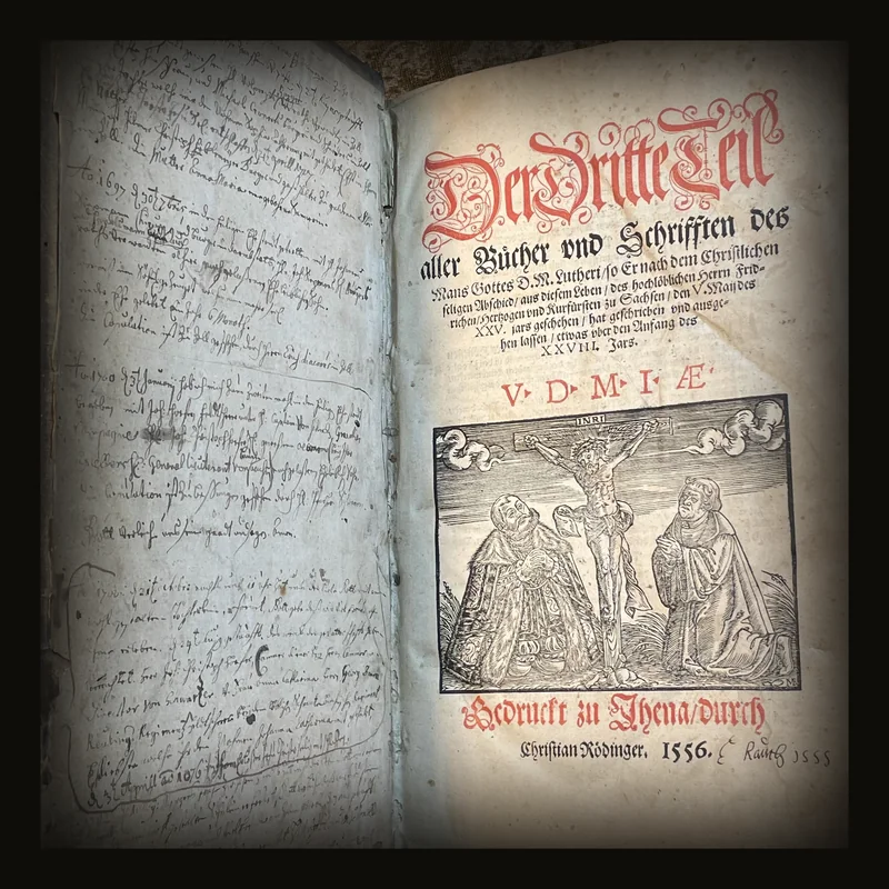 Der Dritte Teil Aller Bücher und Schriften des Mann Gottes D. M. Lutheri, so er nach dem Christlichen Seligen Abschied aus Diesem leben des Hochlöblichen Herrn Friedrichen, Herzogen und Kurfürsten zu Sachsen, dem V. Malides XXV. Jars Geschehen, Hat Geschrieben und Ausgeben Lassen, Etwas über den Anfang des XXVIII. Jars. V. D. M. I. Æ. Translated: The third part of all books and writings of the man of God, Dr. Martin Luther, as he wrote and published them after the Christian blessed departure from this life of the most praiseworthy Lord Friedrich, Duke and Elector of Saxony, in the 25th year of his rule, somewhat beyond the beginning of the 28th year. V. D. M. I. Æ (A common abbreviation for "Verbum Domini Manet In Aeternum" – "The word of the Lord remains forever.").