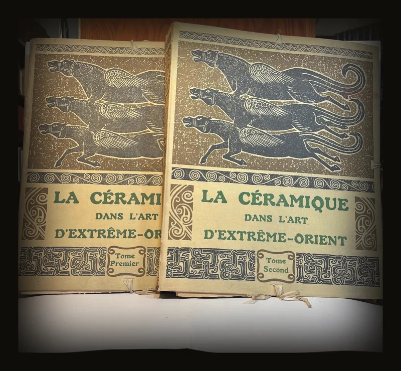 La céramique dans l’art d’extrême-orient par Henri Rivière Recueil de cent soixante-deux pièces reproduites en couleurs d’après les originaux choisis dans les musées et dans les collections françaises et étrangères. Préface de Charles Vignier . Translated: Ceramics in the art of the far east by Henri Rivière Collection of one hundred sixty-two pieces reproduced in color after the originals selected from museums and from French and foreign collections. Preface by Charles Vignier. Two folio volumes..