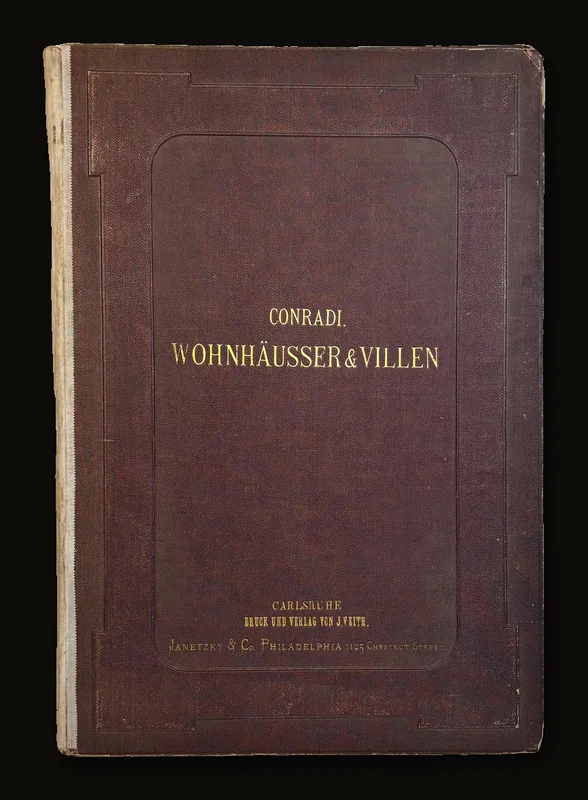 Auswahl von Entwürfen ausgeführter Wohnhäuser & Villen, Façaden, Grundrisse, Schnitte etc. mit Details, zum Theil in natürlicher Grösse herausgegeben von C. Conradi, königl. Baurath in Creuznach. In 6 Lieferungen à 6 Blatt, je ein Gebäude mit den dazu gehörigen Details enthaltend. Translated: Selection of Designs of completed Residences & Villas, facades, floor plans, sections, etc. with details, partly in actual size edited by C. Conradi, Royal Building Inspector in Kreuznach. In 6 installments of 6 plates each, each containing a building with its associated details..