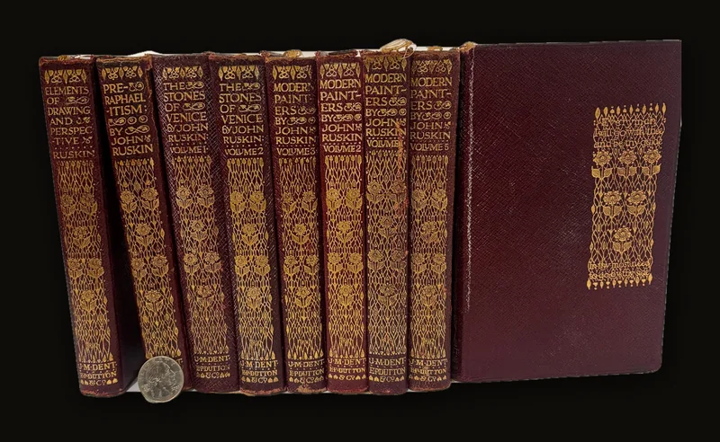 Nine Volumes of The Essays and Belles Lettres of John Ruskin, Everyman's Library. Comprising The Elements of Drawing and Perpective, Pre-Raphaelitism and Lectures on Architecture & Painting, The Stones of Venice (2 vol., lacking vol.3), and Modern Painters (5 vol.).