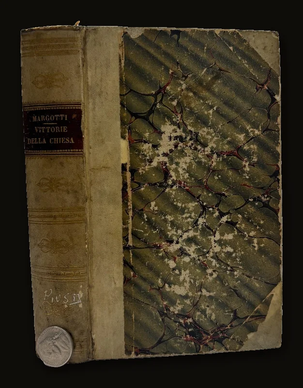 Le vittorie della chiesa ne' primi anni del pontificato di Pio Nono del sacerdote Giacomo Margotti dottore in teologia. Quarta edizione coll'aggiunta di molti nuovi documenti e di alcuni capitoli sull'ultimo viaggio trionfale di Pio IX e sui recenti assalti della stampa contro il governo pontificio. Translated: The victories of the church in the first years of the pontificate of Pius the Ninth by the priest Giacomo Margotti doctor of theology. Fourth edition with the addition of many new documents and of some chapters on the most recent triumphal journey of Pius IX and on the recent assaults of the press against the pontifical government. Italian Language.