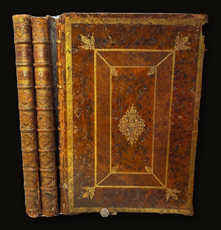 Taferelen Der Voornaamste Geschiedenissen Van Het Oude En Nieuwe Testament,En Andere Boeken, Bij De Heilige Schrift Gevoegt, Door De Vermaarde Kunstenaars Hoet, Houbraken, en Picart Getekent, En Van De Beste Meesters In Koper Gesneden, En Met Beschrijvingen Uitgebreid. Het Eerste Deel. Translated: Scenes Of The Principal Histories Of The Old And New Testament, And Other Books Added To Holy Scripture, Drawn By The Renowned Artists Hoet, Houbraken, and Picart, And Engraved On Copper By The Best Masters, And Expanded With Descriptions. Dutch Picture Bible, 3 vols..