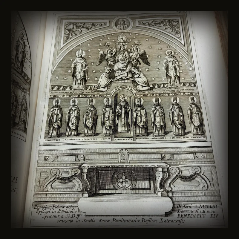 Benedicti XIV. Pont. Opt. Max. Olim Prosperi Card. De Lambertinis Primum Anconitanæ Ecclesiæ Episcopi, Liber Quartus, Editio Tertia Auctior, Et Castigatior. Translated: Benedict XIV Supreme Pontiff Formerly Prospero Cardinal Lambertini First Bishop of the Church of Ancona, Then Archbishop of Bologna On The Beatification of the Servants of God And The Canonization of the Blessed Book Four Third Edition, Enlarged and Corrected ---AND ---  Benedicti XIV. Pont. Opt. Max. Olim Prosperi Card. De Lambertinis Primum Anconitanæ Ecclesiæ Episcopi, Deinde Bononiensis Archiepiscopi Appendices Ad Quatuor Libros de Servorum Dei Beatificatione Et Beatorum Canonizatione  Quæ In Calce Quatuor Priorum Voluminum Hactenus Continuabantur. Accedunt Documenta Aliis Editionibus Præposita, Quæque Ibidem Desiderabantur. Tomus Septimus Editio Tertia Auctior, Et Castigatior. Translated: Benedict XIV Supreme Pontiff Formerly Prospero Cardinal Lambertini First Bishop of the Church of Ancona, Then Archbishop of Bologna Appendices To The Four Books On The Beatification of the Servants of God
And The Canonization of the Blessed Which Until Now Were Continued At The End Of The First Four Volumes There Are Added Documents Placed Before Other Editions, And Also Those Which Were Lacking There Volume Seven Third Edition, Enlarged And Corrected ---AND --- Benedicti XIV. Pont. Opt. Max. Olim Prosperi Card. De Lambertinis Primum Anconitanæ Ecclesiæ Episcopi, Deinde Bononiensis Archiepiscopi De Sacrosancto Missæ Sacrificio 
Libri Tres Editio Secunda Latina Post Plurimas Italas Auctior Et Castigatior Translated: Benedict XIV Supreme Pontiff Formerly Prospero Cardinal Lambertini First Bishop of the Church of Ancona, Then Archbishop of Bologna, 
On The Most Holy Sacrifice of the Mass Three Books Second Latin Edition After Many Italian Editions, Enlarged and Corrected.